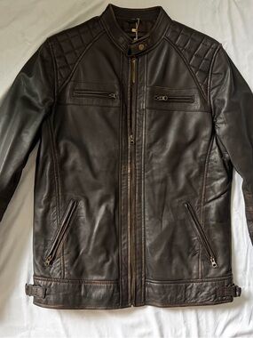 Men's Dark Brown Quilted Shoulder Leather Moto Jacket